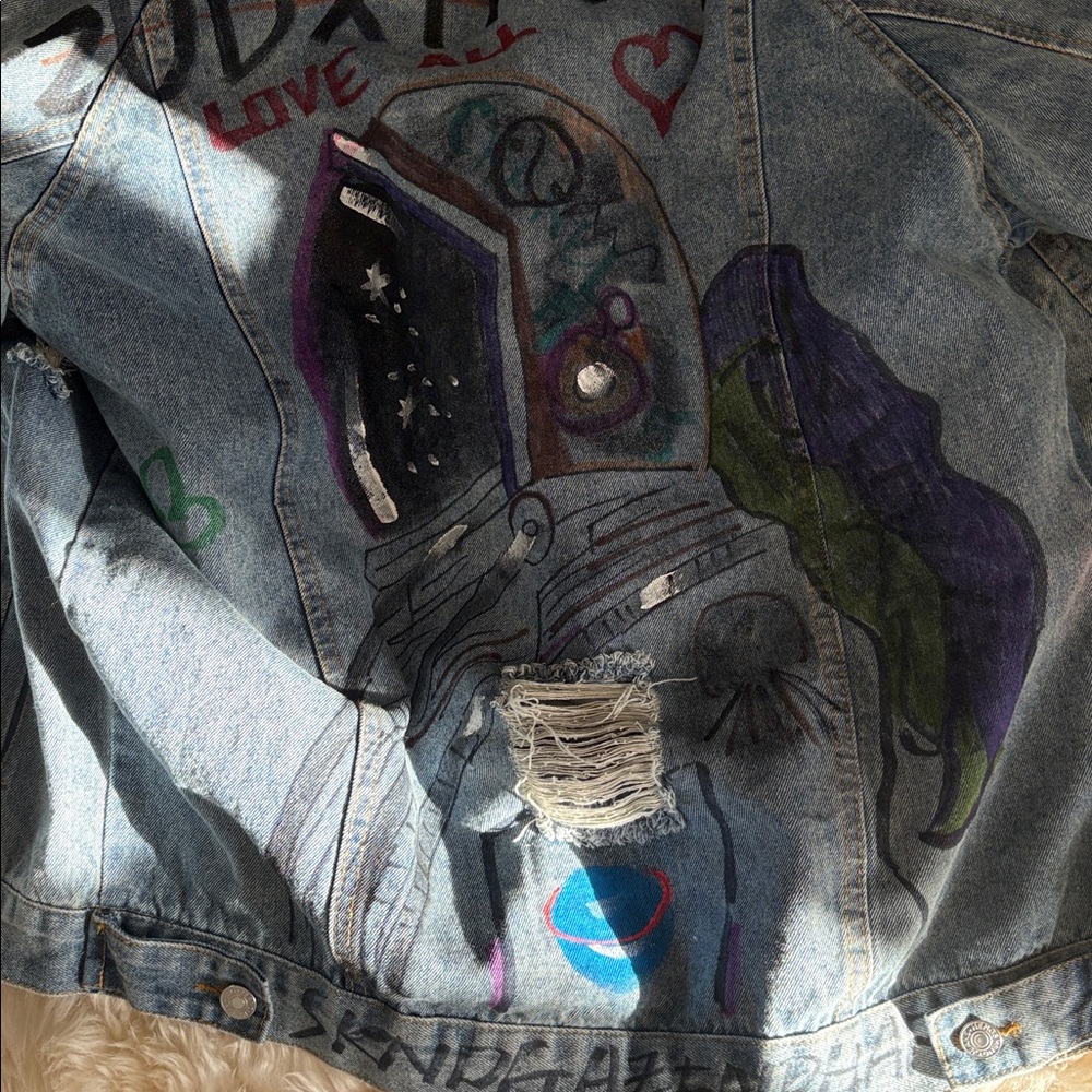 DistressedDenim Jacket with Rabbit Fur lining and collar - Picture 4 of 4
